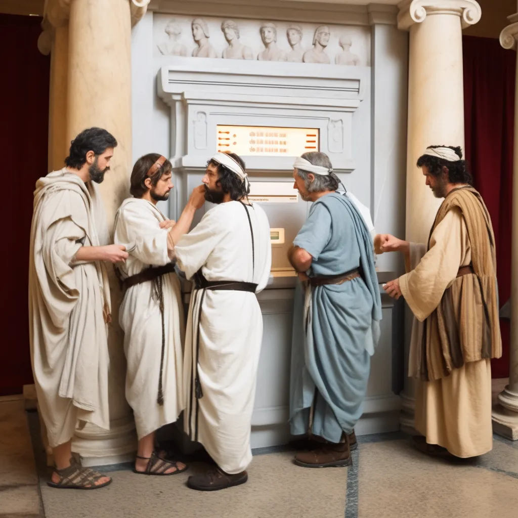 A group of ancient greek men stand in front of a vending machine dispensing holy water